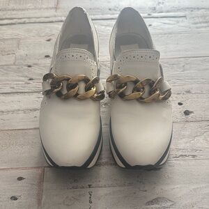 Dolce Vita Cream Loafers with Gold Chain Accent